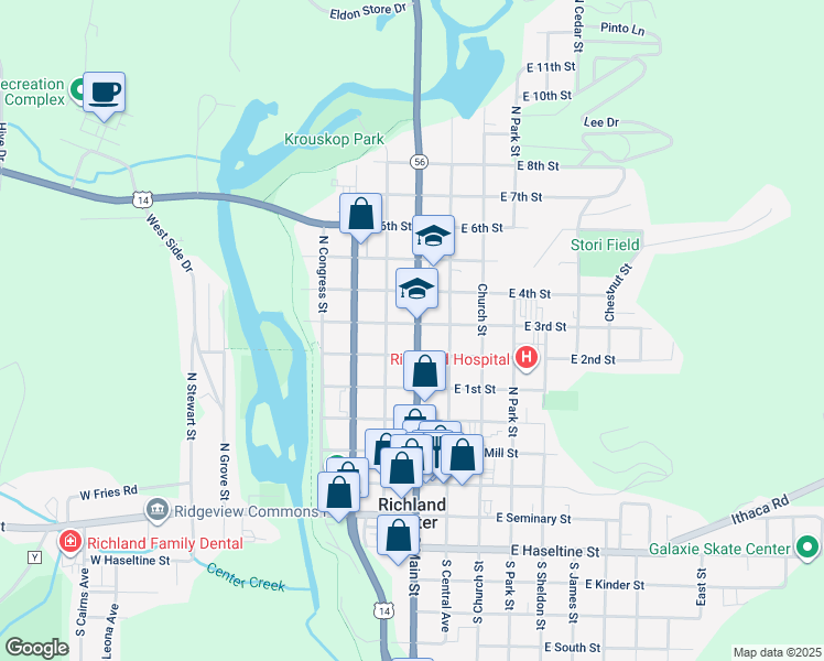 map of restaurants, bars, coffee shops, grocery stores, and more near 586 North Main Street in Richland Center