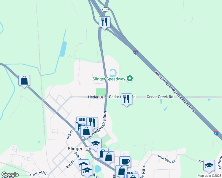 map of restaurants, bars, coffee shops, grocery stores, and more near 110 Cedar Creek Road in Slinger
