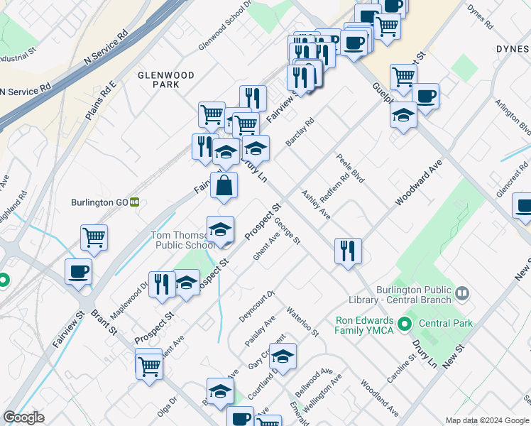 map of restaurants, bars, coffee shops, grocery stores, and more near 746 George Street in Burlington
