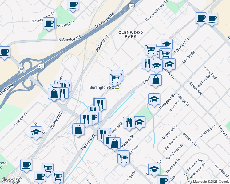 map of restaurants, bars, coffee shops, grocery stores, and more near in Burlington