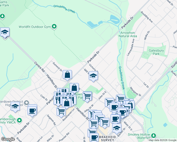 map of restaurants, bars, coffee shops, grocery stores, and more near 270 Mill Street North in Hamilton