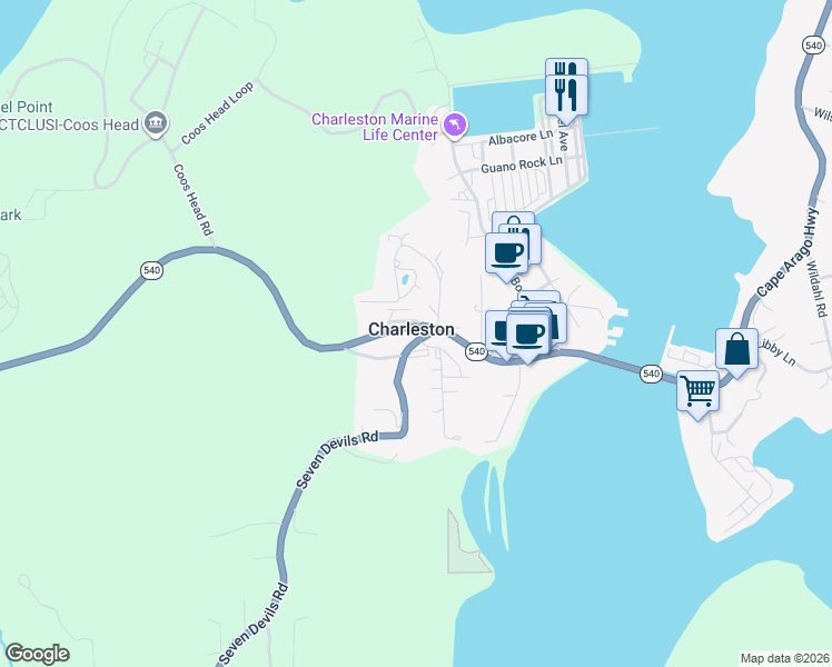 map of restaurants, bars, coffee shops, grocery stores, and more near in Charleston