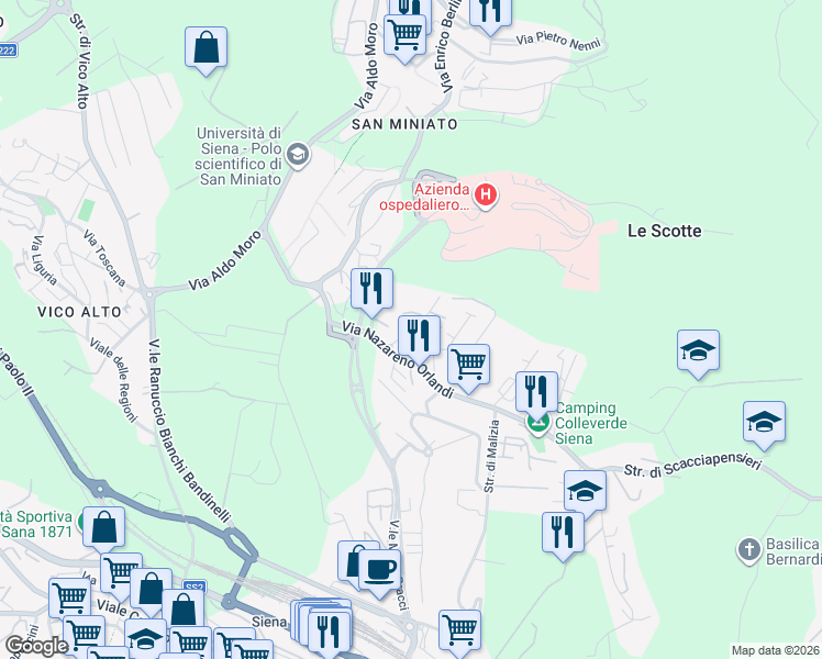 map of restaurants, bars, coffee shops, grocery stores, and more near 7 Via di Belvedere in Siena