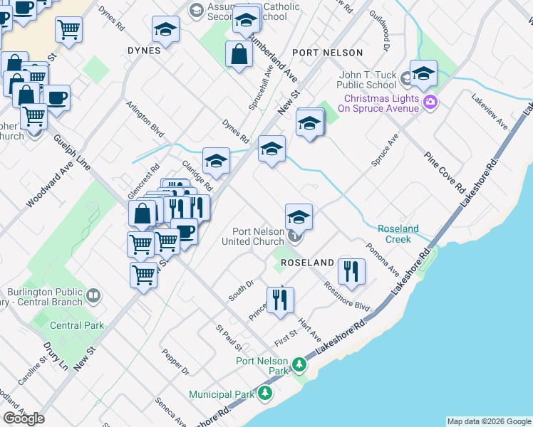 map of restaurants, bars, coffee shops, grocery stores, and more near 373 Rossmore Boulevard in Burlington
