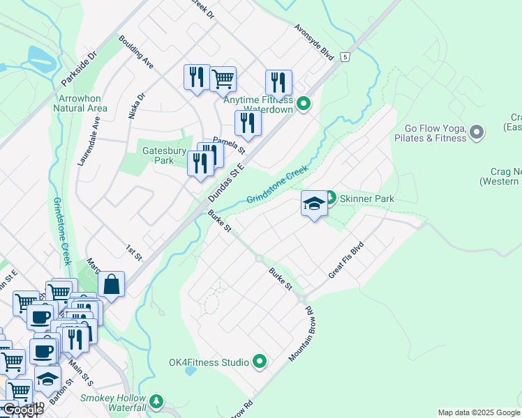 map of restaurants, bars, coffee shops, grocery stores, and more near 119 McKnight Avenue in Hamilton