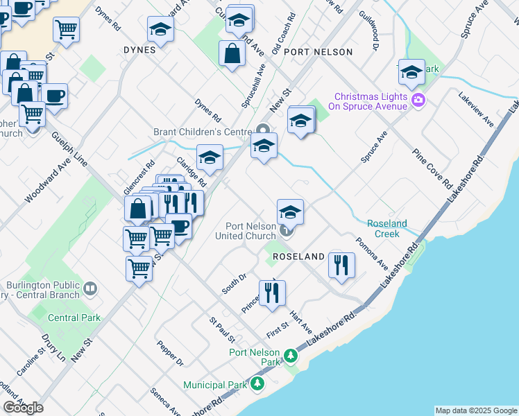 map of restaurants, bars, coffee shops, grocery stores, and more near 373 Rossmore Boulevard in Burlington