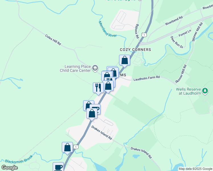 map of restaurants, bars, coffee shops, grocery stores, and more near 2178 Post Road in Wells