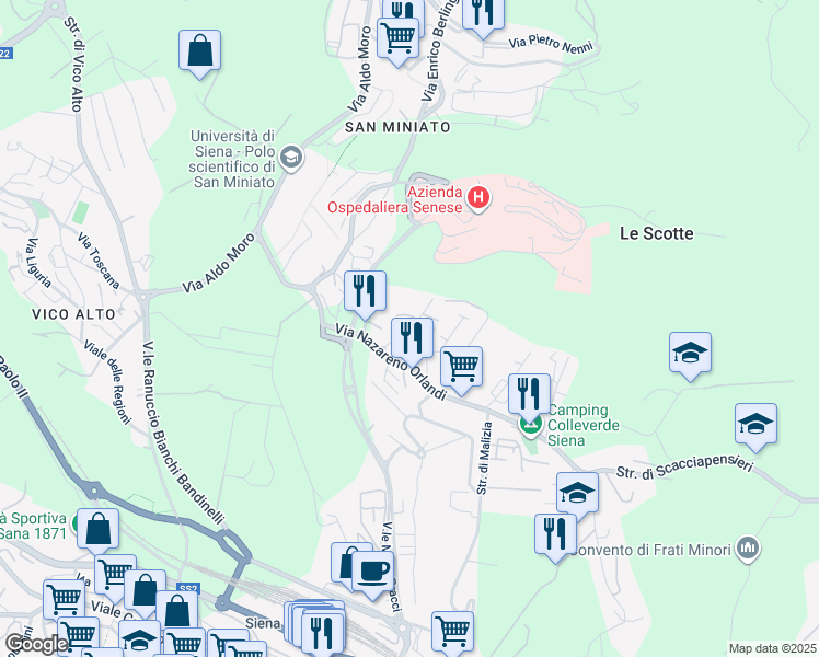 map of restaurants, bars, coffee shops, grocery stores, and more near 7 Via di Belvedere in Siena