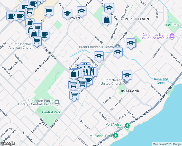 map of restaurants, bars, coffee shops, grocery stores, and more near 3045 New Street in Burlington