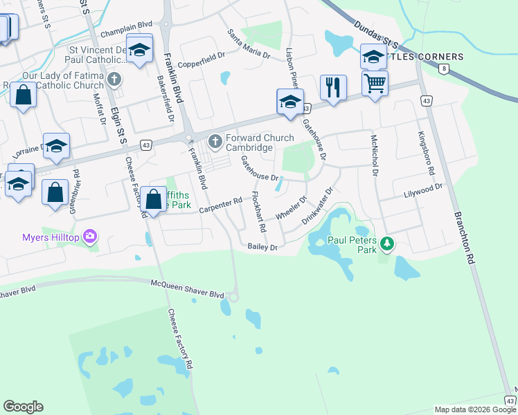 map of restaurants, bars, coffee shops, grocery stores, and more near 88 Flockhart Road in Cambridge