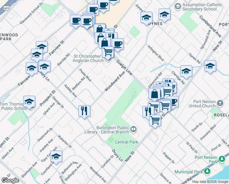 map of restaurants, bars, coffee shops, grocery stores, and more near 2390 Woodward Avenue in Burlington