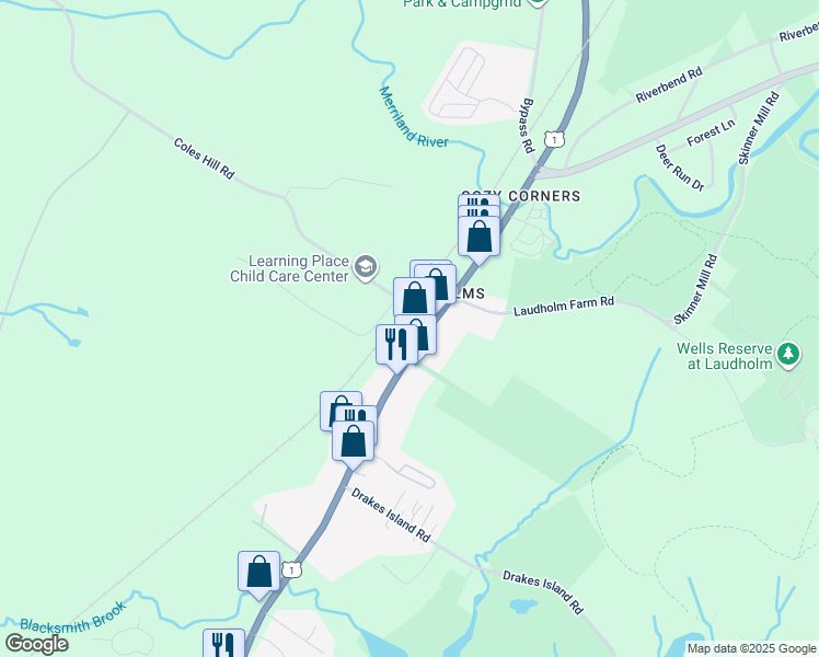 map of restaurants, bars, coffee shops, grocery stores, and more near 2178 Post Road in Wells