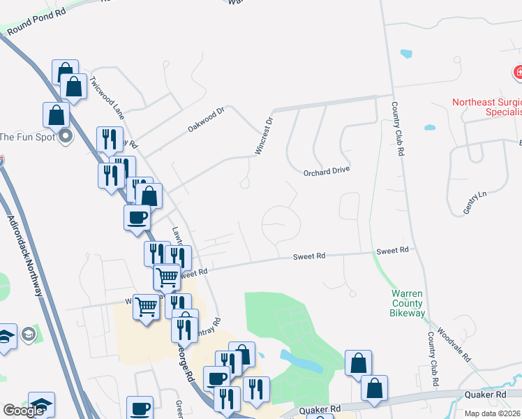 map of restaurants, bars, coffee shops, grocery stores, and more near 33 Devin Court in Queensbury