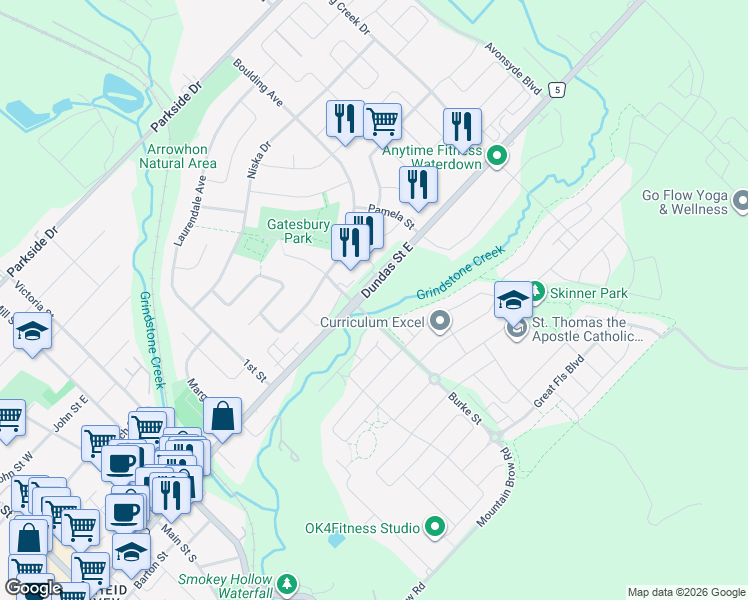 map of restaurants, bars, coffee shops, grocery stores, and more near 416 Dundas Street East in Hamilton
