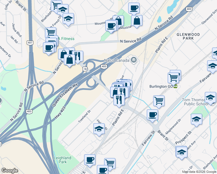 map of restaurants, bars, coffee shops, grocery stores, and more near 1077 Brant Street in Burlington