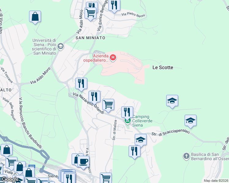 map of restaurants, bars, coffee shops, grocery stores, and more near 55 Via Gaetano Donizetti in Siena