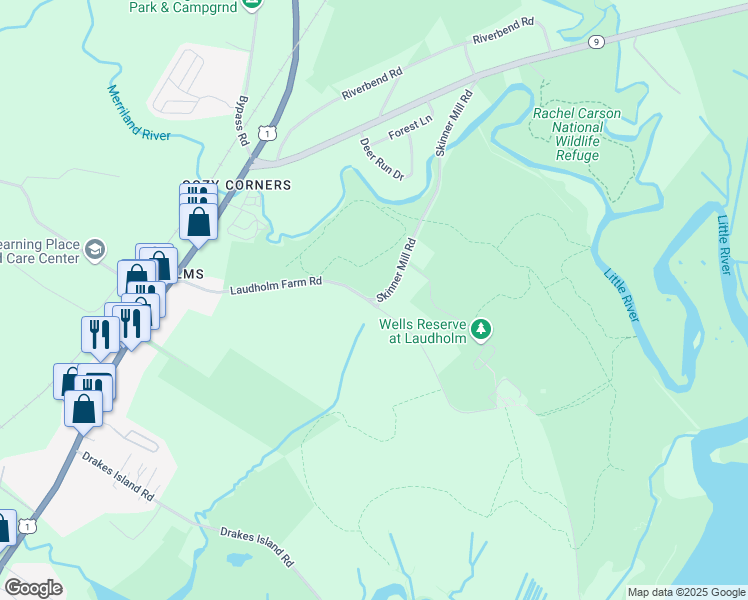 map of restaurants, bars, coffee shops, grocery stores, and more near Skinner Mill in Wells