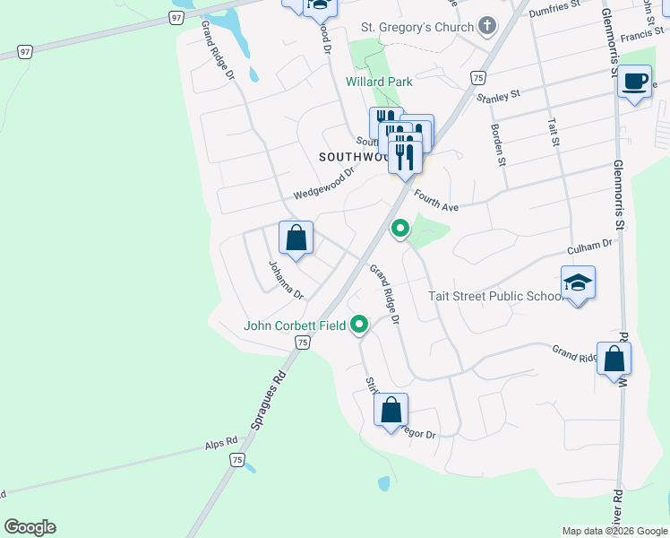map of restaurants, bars, coffee shops, grocery stores, and more near Johanna Drive in Cambridge