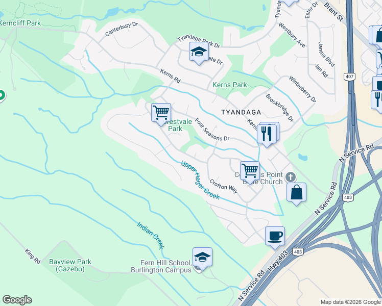 map of restaurants, bars, coffee shops, grocery stores, and more near 1070 Forestvale Drive in Burlington