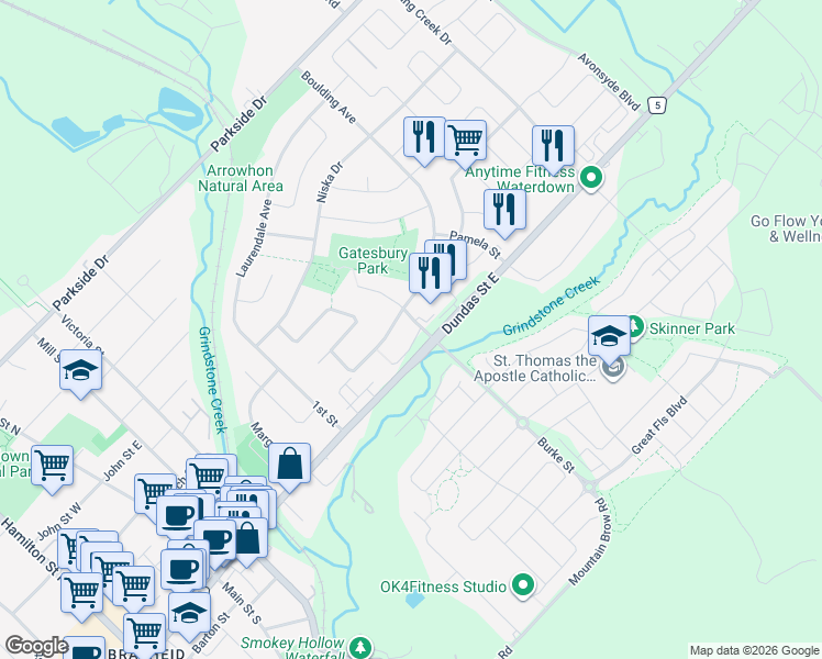 map of restaurants, bars, coffee shops, grocery stores, and more near 1 Aspen Court in Hamilton