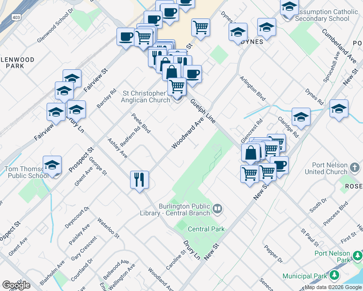 map of restaurants, bars, coffee shops, grocery stores, and more near 2390 Woodward Avenue in Burlington