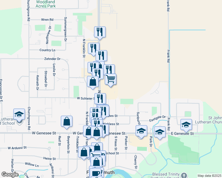 map of restaurants, bars, coffee shops, grocery stores, and more near 435 North Main Street in Frankenmuth