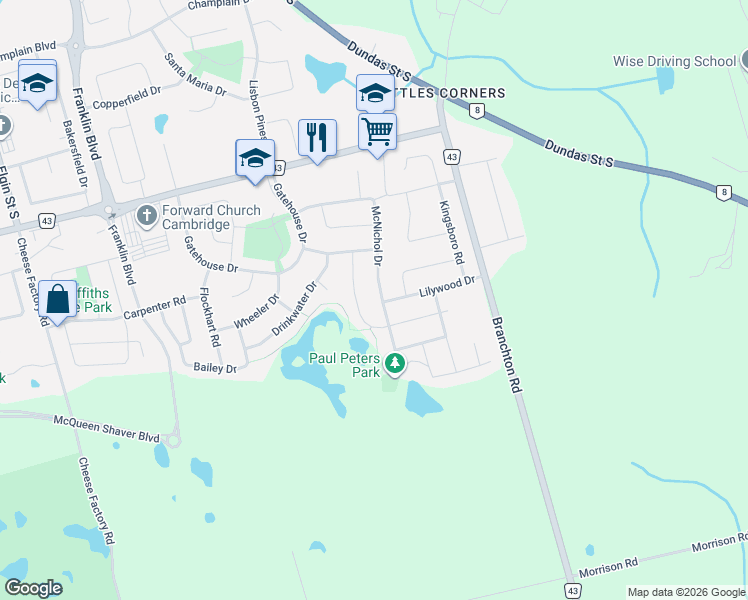 map of restaurants, bars, coffee shops, grocery stores, and more near 151 McNichol Drive in Cambridge