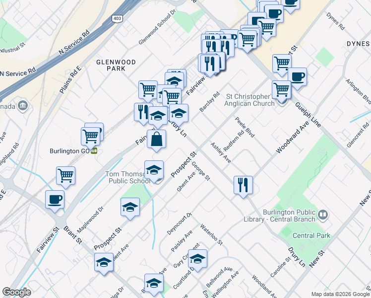 map of restaurants, bars, coffee shops, grocery stores, and more near 2251 Joyce Street in Burlington