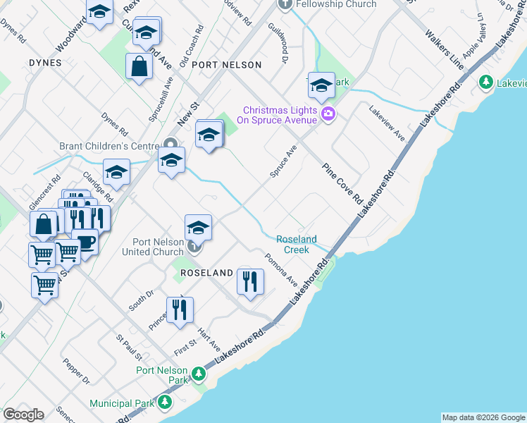 map of restaurants, bars, coffee shops, grocery stores, and more near 3214 Douglas Street in Burlington