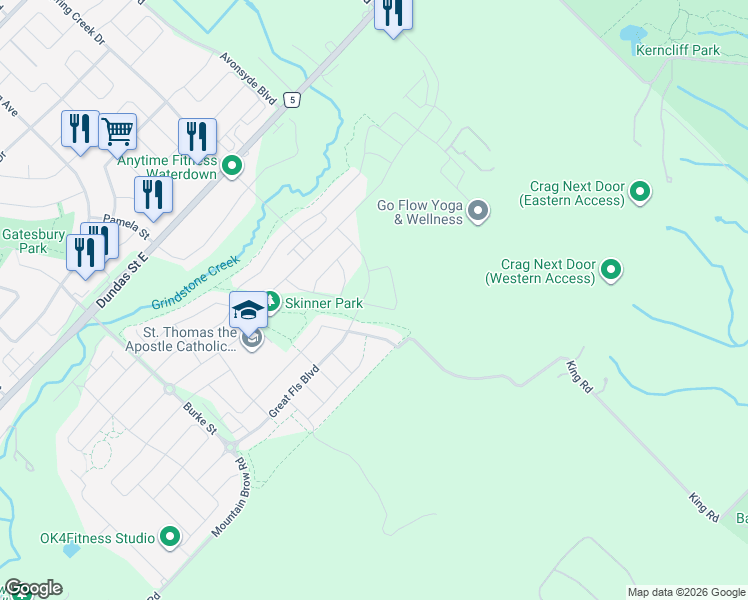map of restaurants, bars, coffee shops, grocery stores, and more near in Waterdown