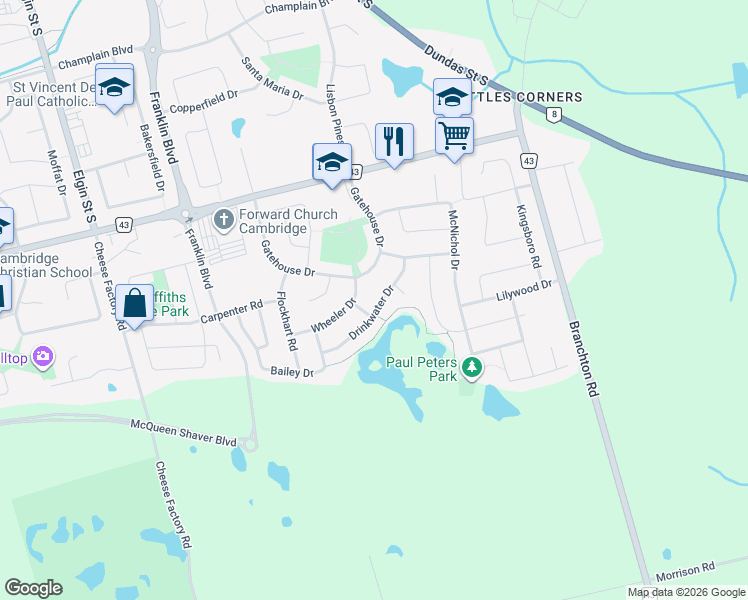 map of restaurants, bars, coffee shops, grocery stores, and more near 47 Drinkwater Drive in Cambridge