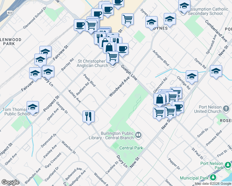 map of restaurants, bars, coffee shops, grocery stores, and more near 2410 Woodward Avenue in Burlington