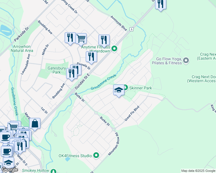 map of restaurants, bars, coffee shops, grocery stores, and more near 165 McKnight Avenue in Hamilton