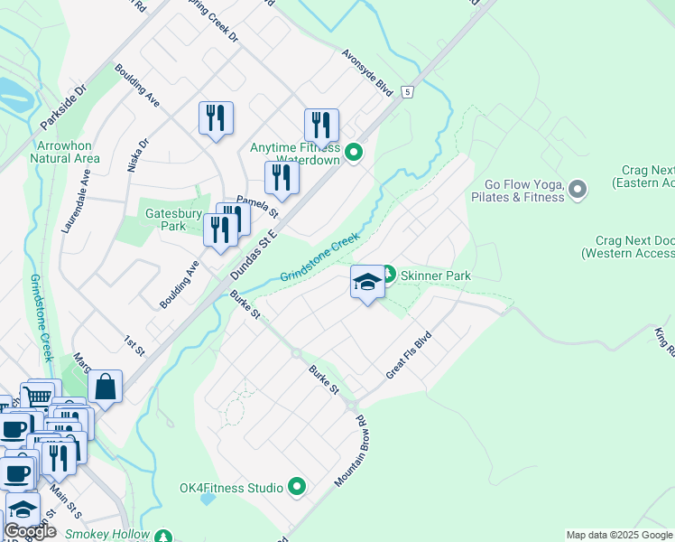 map of restaurants, bars, coffee shops, grocery stores, and more near 165 McKnight Avenue in Hamilton