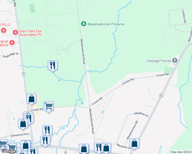 map of restaurants, bars, coffee shops, grocery stores, and more near 218 Meadowbrook Road in Queensbury
