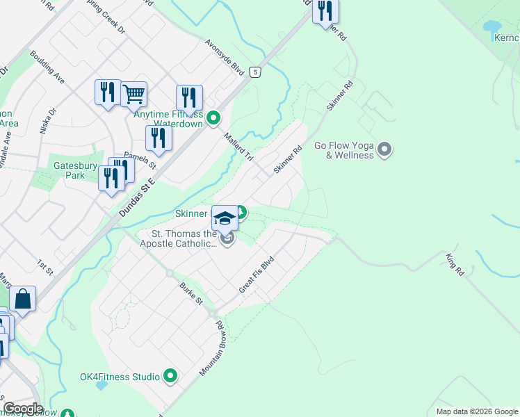 map of restaurants, bars, coffee shops, grocery stores, and more near 16 Trailbank Gardens in Hamilton