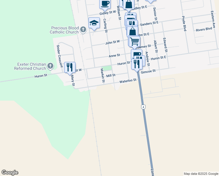 map of restaurants, bars, coffee shops, grocery stores, and more near 130 Waterloo Street in Exeter
