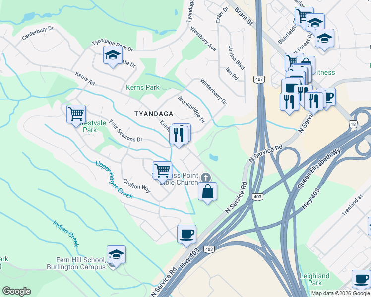 map of restaurants, bars, coffee shops, grocery stores, and more near 1580 Kerns Road in Burlington