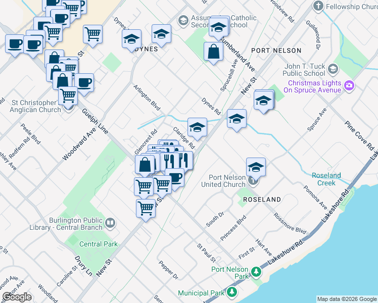 map of restaurants, bars, coffee shops, grocery stores, and more near 3077 New Street in Burlington