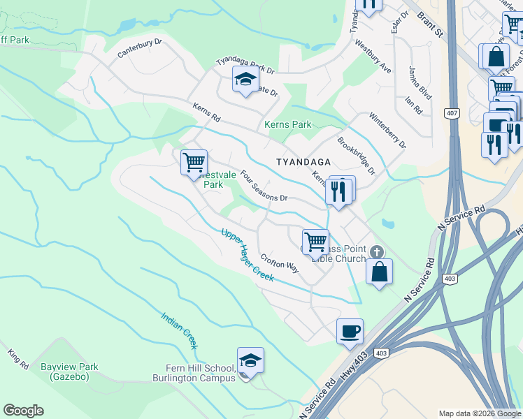 map of restaurants, bars, coffee shops, grocery stores, and more near 1141 Crofton Way in Burlington
