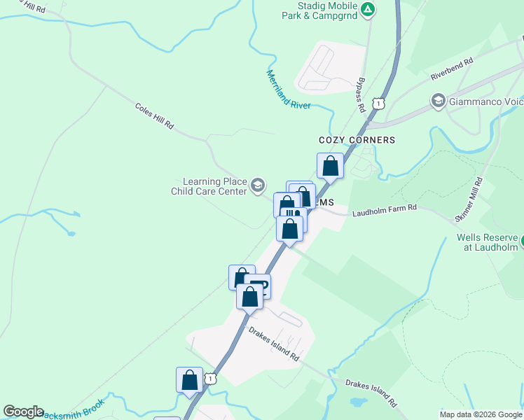 map of restaurants, bars, coffee shops, grocery stores, and more near 53 Nicholas Drive in Wells