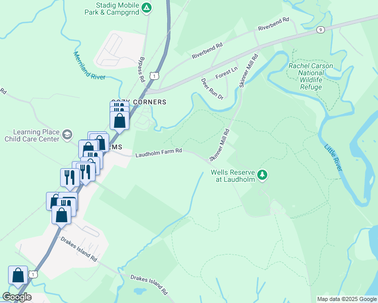 map of restaurants, bars, coffee shops, grocery stores, and more near Laudholm Farm Road in Wells
