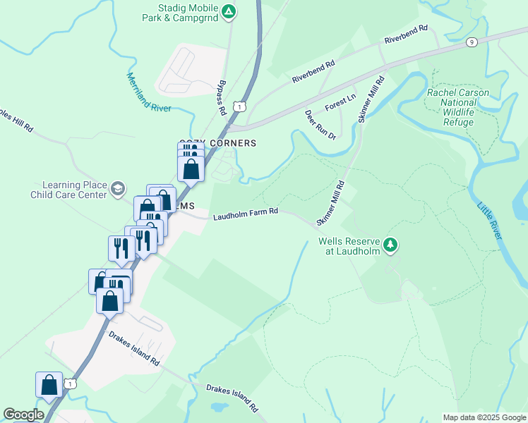 map of restaurants, bars, coffee shops, grocery stores, and more near Laudholm Farm Road in Wells
