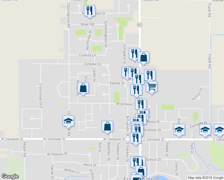 map of restaurants, bars, coffee shops, grocery stores, and more near 451 Zehnder Drive in Frankenmuth