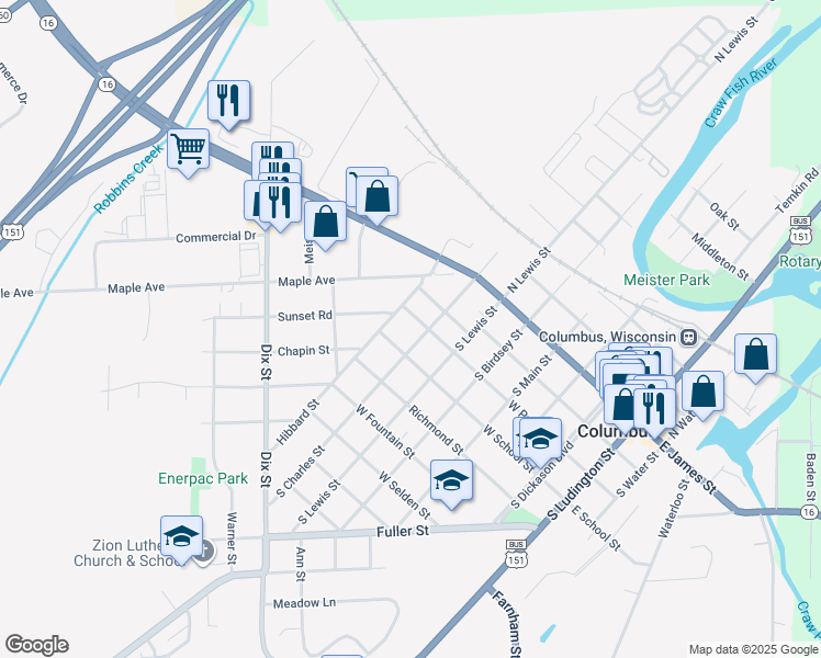 map of restaurants, bars, coffee shops, grocery stores, and more near 314 South Charles Street in Columbus
