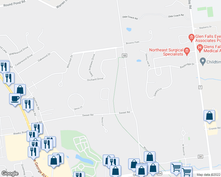 map of restaurants, bars, coffee shops, grocery stores, and more near 19 Edgewood Drive in Queensbury
