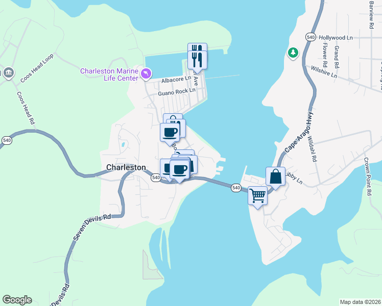 map of restaurants, bars, coffee shops, grocery stores, and more near 90402 Metcalf Drive in Charleston