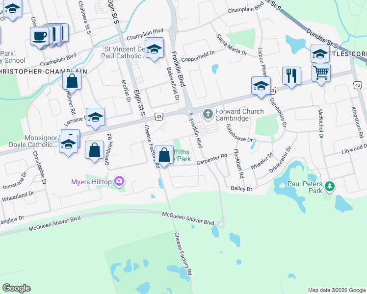 map of restaurants, bars, coffee shops, grocery stores, and more near 52 Griffiths Avenue in Cambridge
