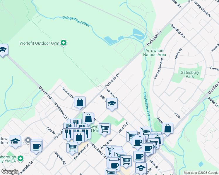 map of restaurants, bars, coffee shops, grocery stores, and more near in Hamilton