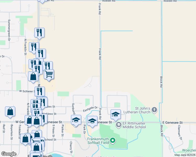 map of restaurants, bars, coffee shops, grocery stores, and more near 366 Frank Road in Frankenmuth